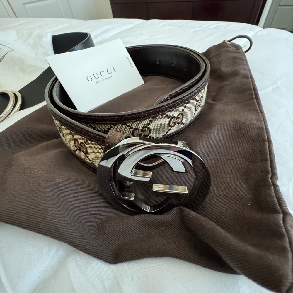Gucci Tan and Brown Belt with Silver Logo Buckle